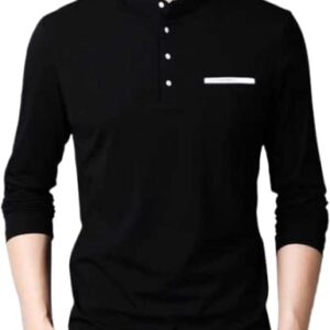 Men's Solid Cotton Full Sleeves Polo Neck Front Button Pack of one T Shirt Dark Black L